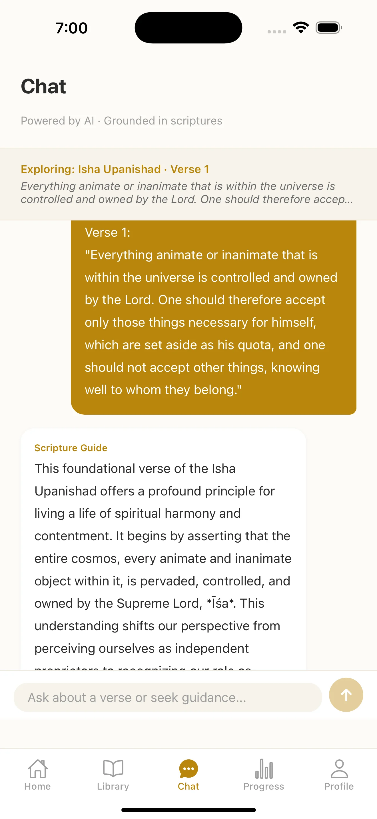 AI Chat screen with scripture-grounded guidance