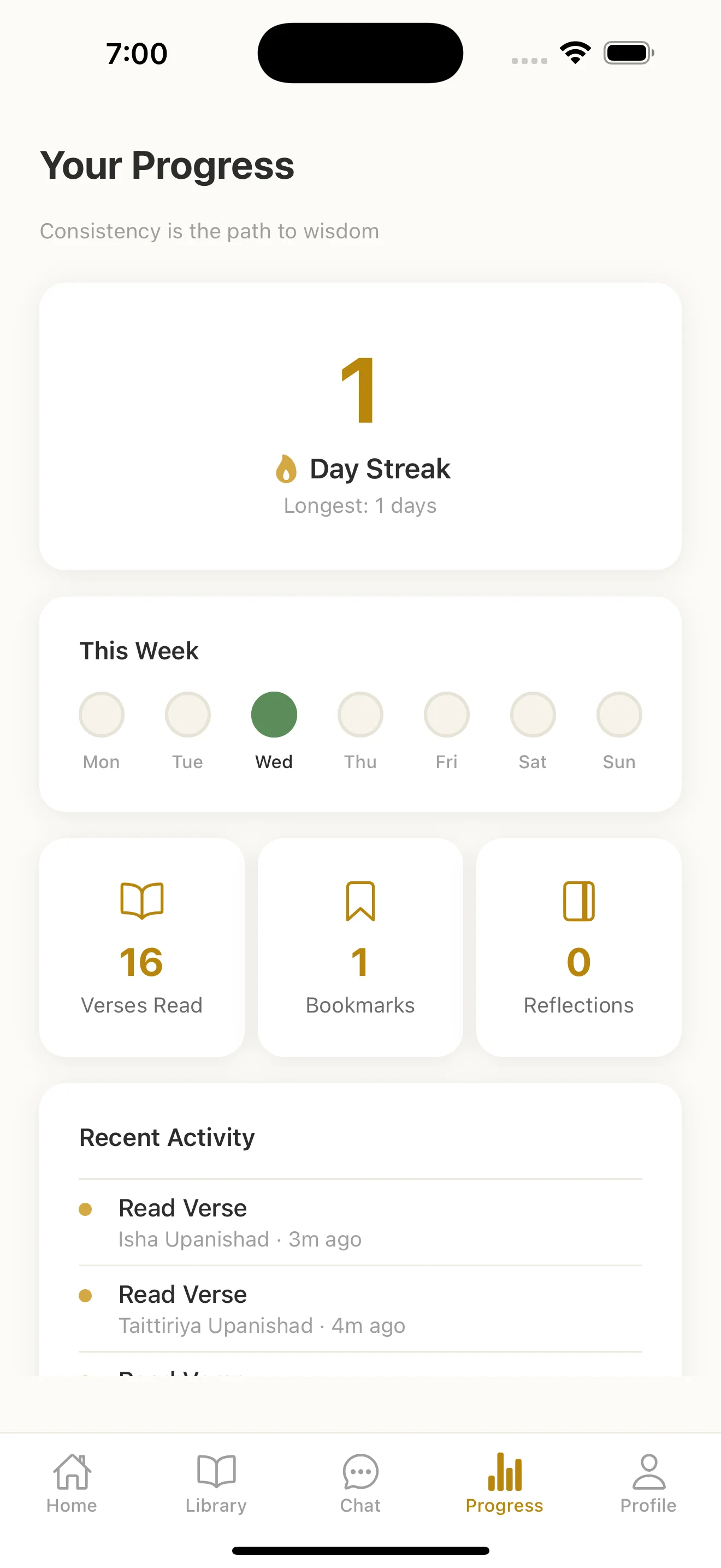 Progress screen showing reading streak and activity