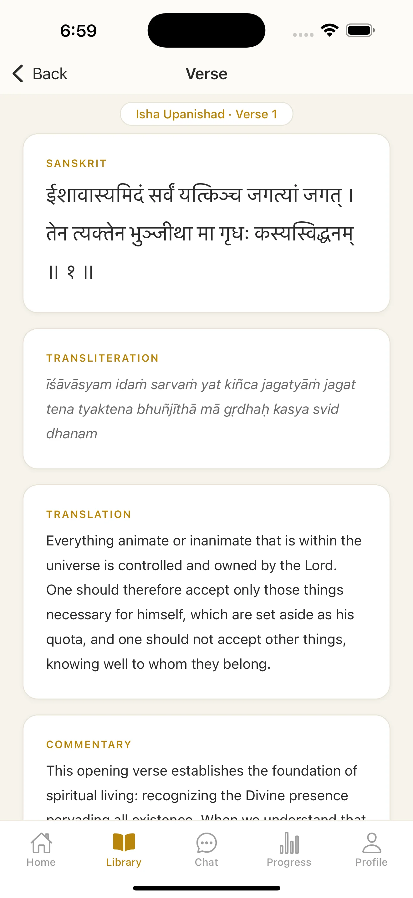 Scripture reading view showing Sanskrit verse with transliteration and translation